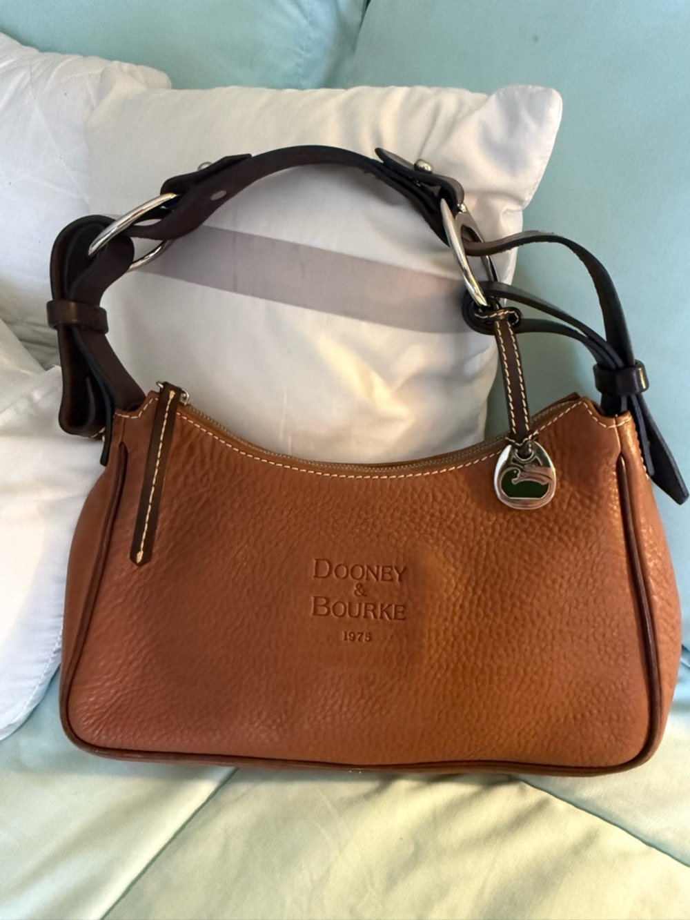Dooney & Bourke Cognac Pebbled Leather Shoulder Bag with Dark Brown Strap